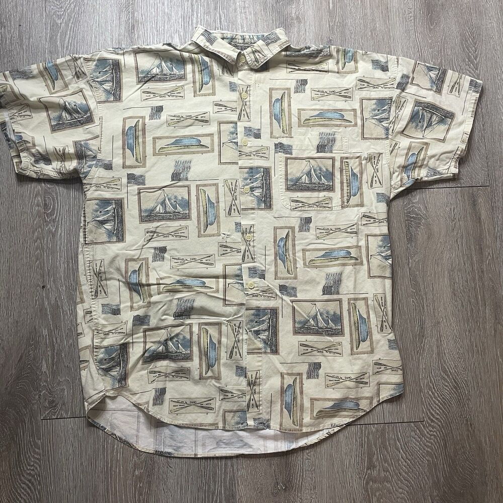 Vintage 90s Tall Ship Shirt Mens L Oversized Nautical Sailing AOP American Eagle